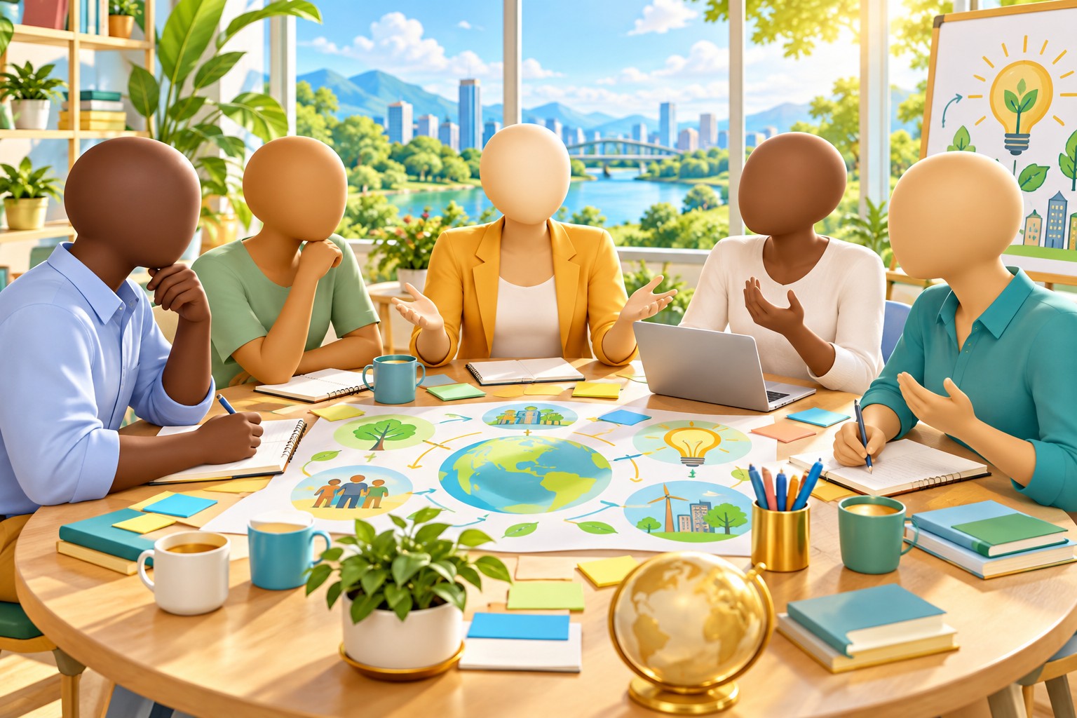 A mixed-skin-tone team listening and planning together