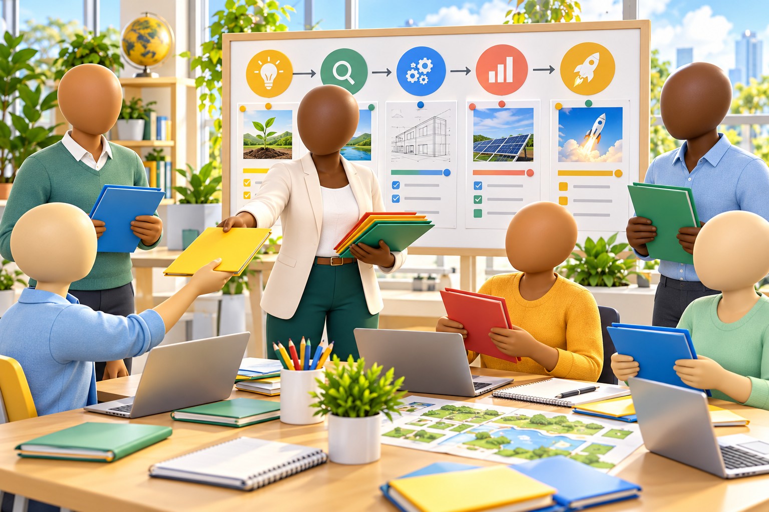 A mixed-skin-tone team assigning responsibility