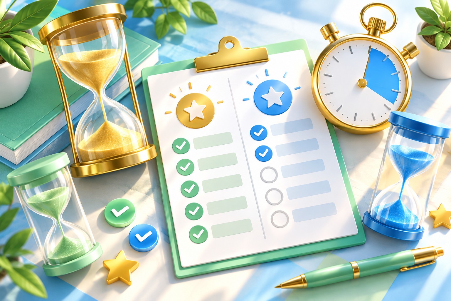 Hourglasses and a stopwatch for measuring progress